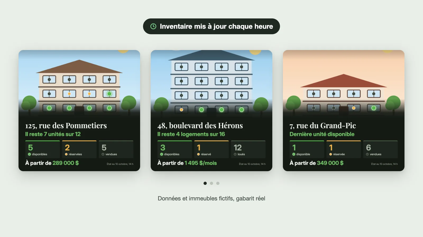 Trois visuels du catalogue Gesteco en carrousel, avec les unités disponibles, réservées et vendues de chaque immeuble (immeubles et adresses fictifs)