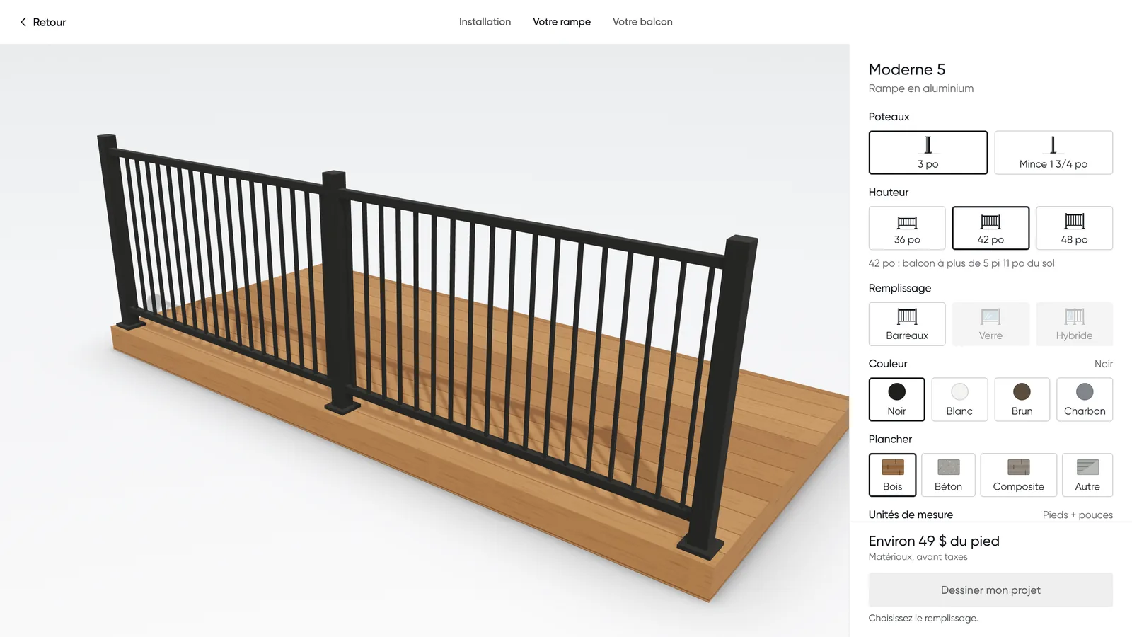 Capture de Rampix: rampe Moderne 5 noire en 3D sur un plancher de bois, avec le panneau des choix de poteaux, hauteur, remplissage, couleur et plancher